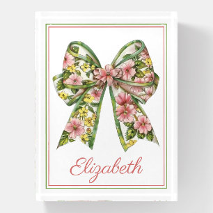 Floral Pink and Green Watercolor Bow Personalized Paperweight