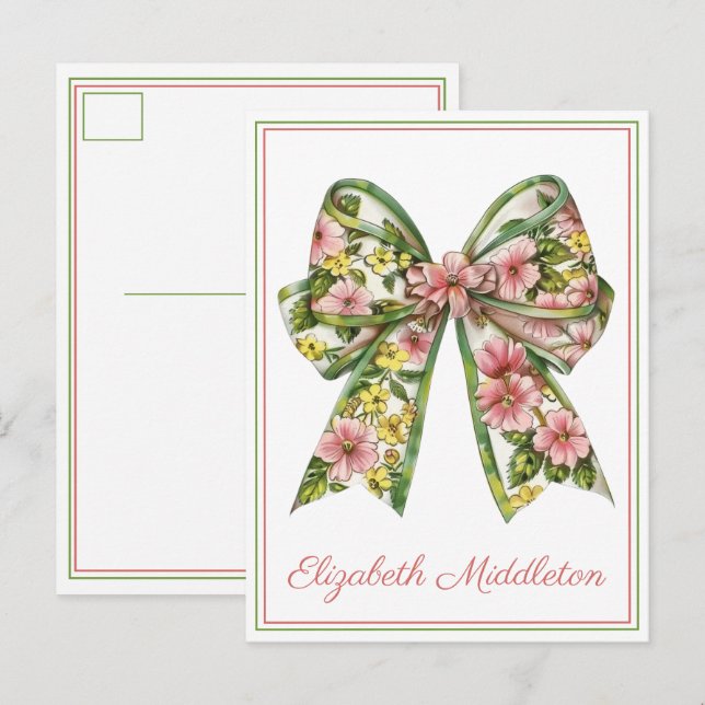 Floral Pink and Green Watercolor Bow Personalized Postcard (Front/Back)
