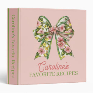 Floral Pink and Green Watercolor Bow Recipe 3 Ring Binder
