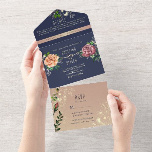 Floral Pink and Navy Blue Wedding All In One Invitation