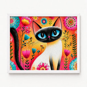 Floral Pink and Orange Siamese Cat Painting Poster