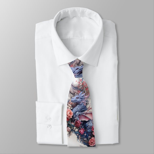 Floral Pink and Purple Dragon Wedding Neck Tie (Tied)