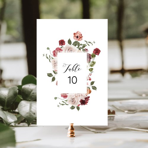 Floral pink and red rose watercolour table number