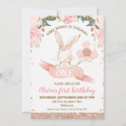Floral Pink and Rose Gold Bunny 1st Birthday Invitation