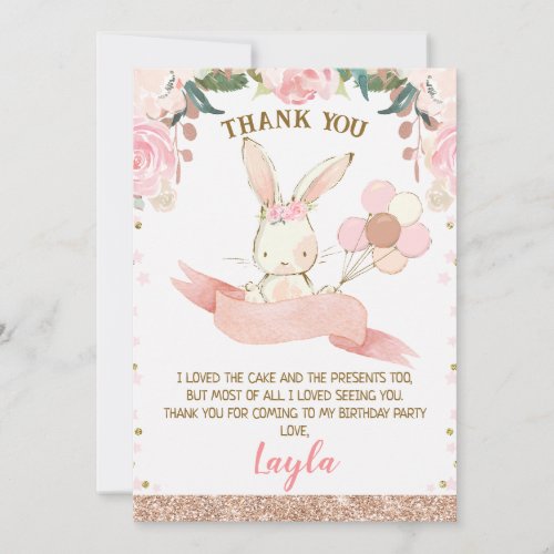 Floral Pink and Rose Gold Bunny Thank You Card
