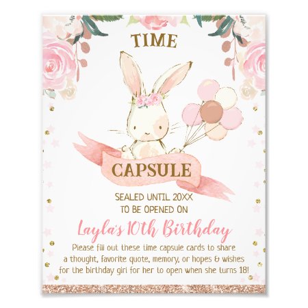 Floral Pink And Rose Gold Bunny Time Capsule Sign