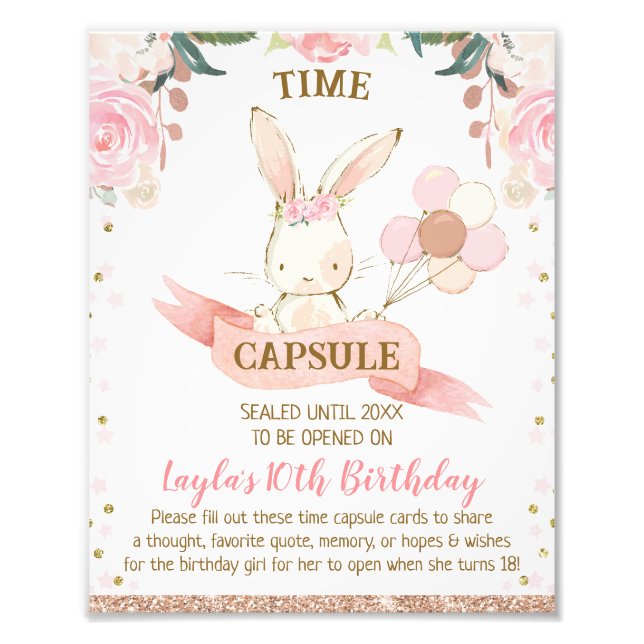 Floral Pink and Rose Gold Bunny Time Capsule Sign (Front)