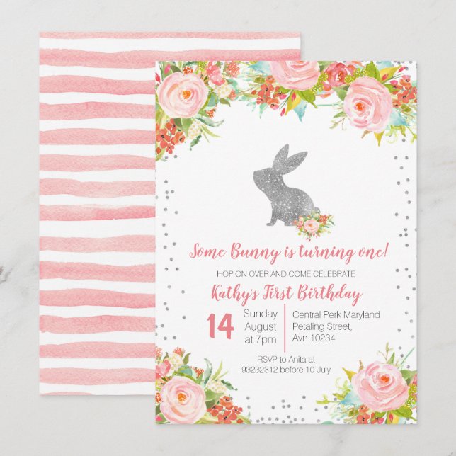 Floral Pink and Silver Bunny Birthday Floral Invitation (Front/Back)