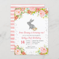 Floral Pink and Silver Bunny Birthday Floral Invitation