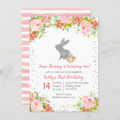 Floral Pink and Silver Bunny Birthday Floral Invitation