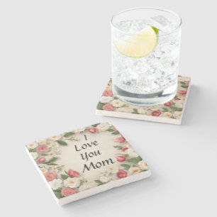 Floral Pink and White Flowers "I Love You Mom" Stone Coaster