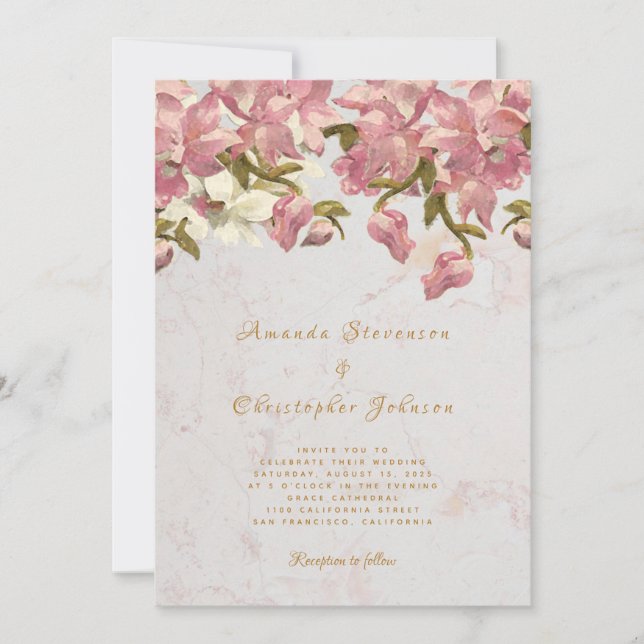 Floral Pink and White Orchid Marble Script Wedding Invitation (Front)
