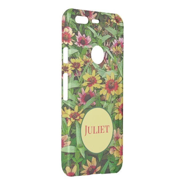 FLORAL/PINK AND YELLOW WITH RED/ PERSONALIZE UNCOMMON GOOGLE PIXEL CASE (Back/Right)