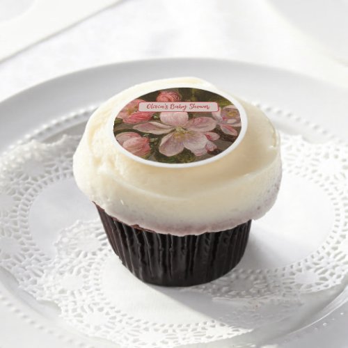 Floral Pink Apple Blossom Name Baby Shower Edible Frosting Rounds