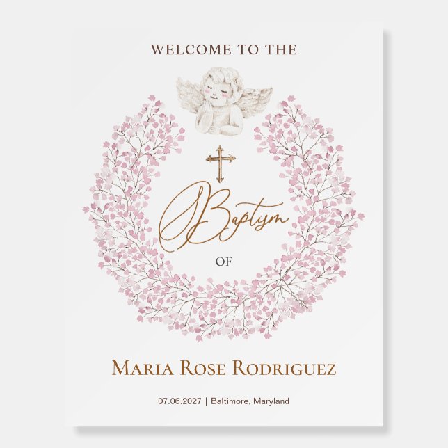 Floral Pink Baby Angel Cross Baptism Foam Board (Front)