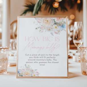 Floral Pink Baby Shower How Big is Mommy’s belly Poster
