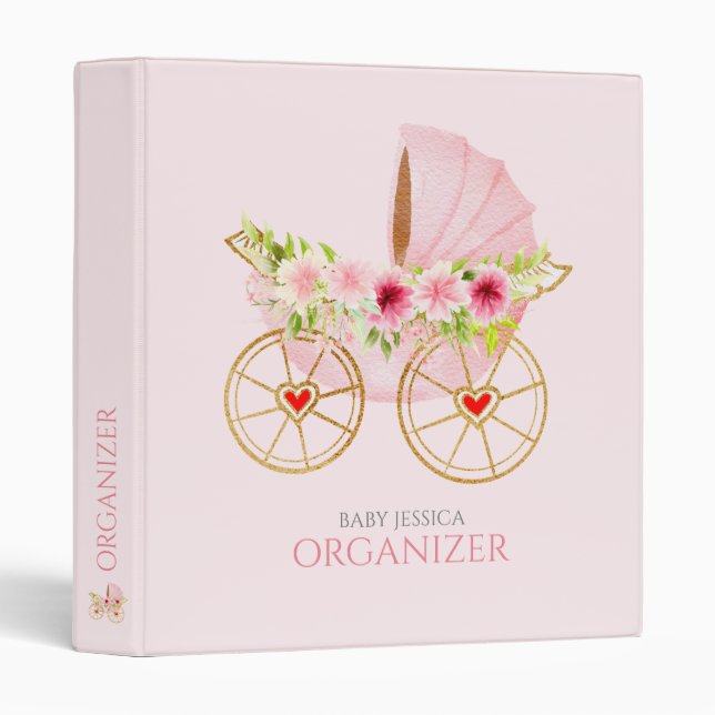 Floral pink baby stroller  3 ring binder (Front/Spine)