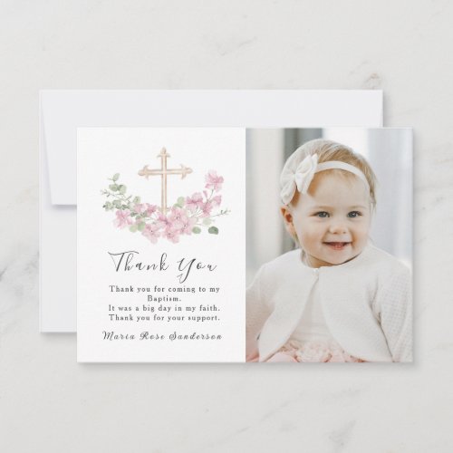 Floral Pink Baptism Cross Thank you Photo Card