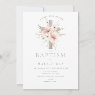 Floral Pink Baptism Invitation with Cross Girl