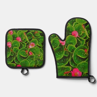 FLORAL/ PINK BEGONIA  Oven Mitt and Pot Holders