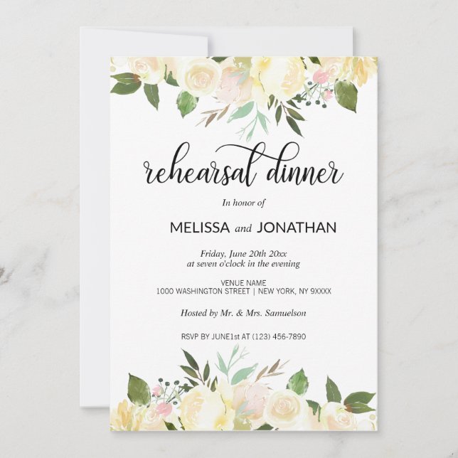 Floral Pink Beige Ivory Wedding Rehearsal Dinner Invitation (Front)