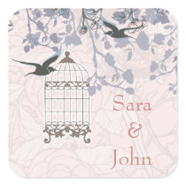 floral pink bird cage, love birds envelope seal