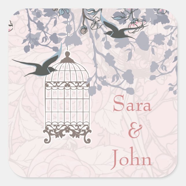 floral pink bird cage, love birds envelope seal (Front)