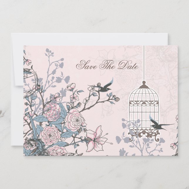 floral pink bird cage, love birds save the dates date (Front)