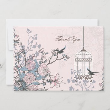 Floral pink bird cage, love birds Thank You Invitation