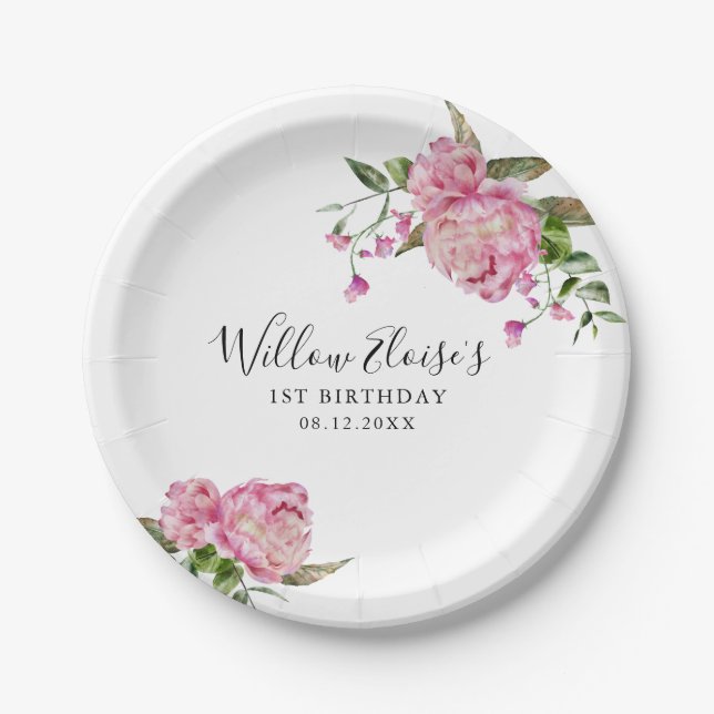 Floral Pink Birthday Party  Paper Plates (Front)