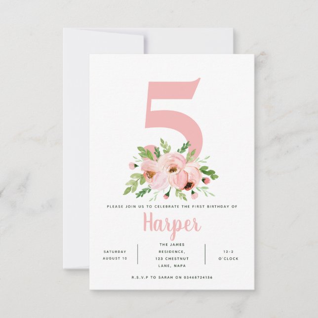floral pink birthday party photo invitation (Front)