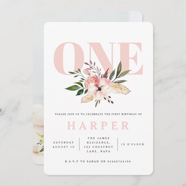 floral pink birthday party photo invitation (Front/Back)