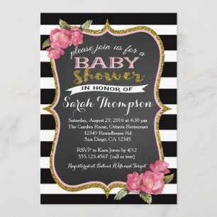 Floral Pink Black and White Baby Shower Invitation