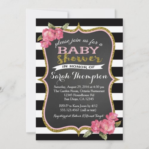 Floral Pink Black and White Baby Shower Invitation