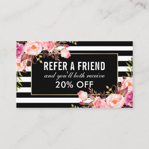 Floral Pink Black and White Striped Referral Business Card
