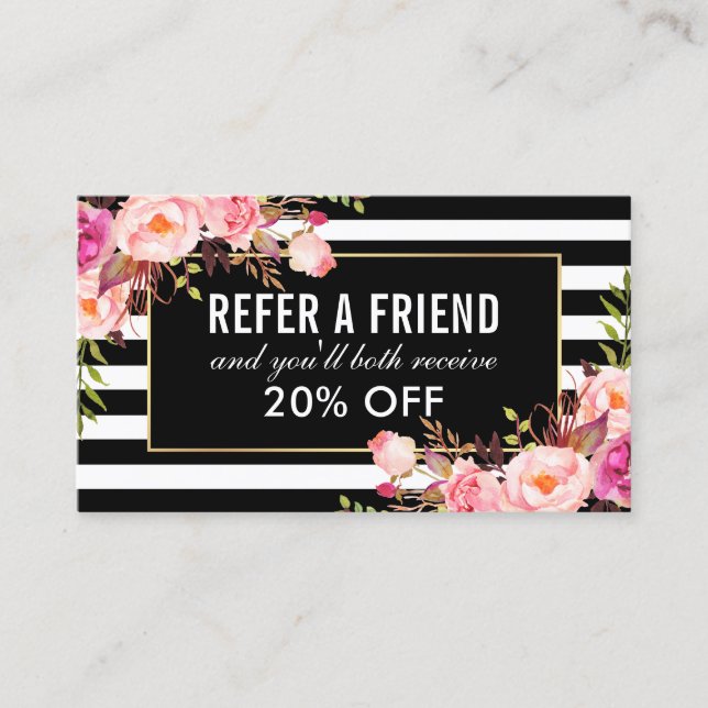 Floral Pink Black and White Striped Referral Business Card (Front)
