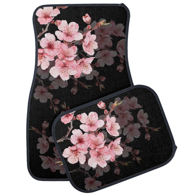 Floral Pink Black Cherry Blossom Monogram Car Floor Mat (Set)