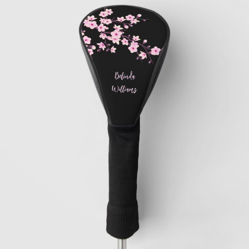 Floral Pink Black Cherry Blossom Monogram Golf Head Cover