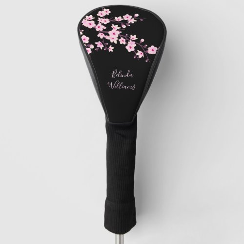 Floral Pink Black Cherry Blossom Monogram Golf Head Cover