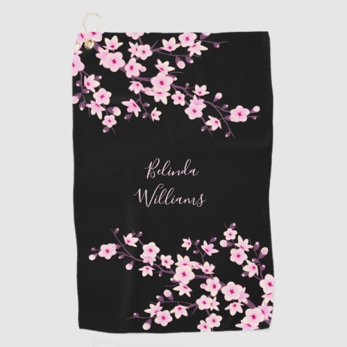 Floral Pink Black Cherry Blossom Monogram  Golf Towel