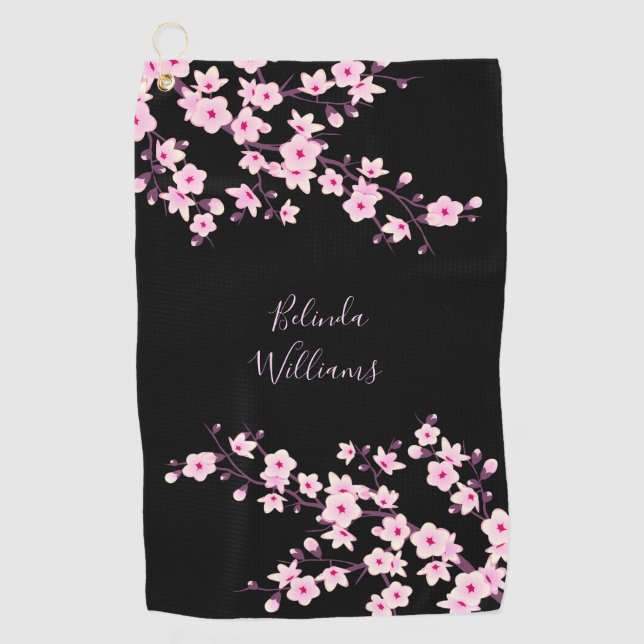 Floral Pink Black Cherry Blossom Monogram  Golf Towel (Front)