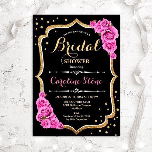 Floral Pink Black Gold Bridal Shower Invitation