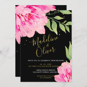 Floral Pink Black Gold Modern Chic Rose Wedding Invitation