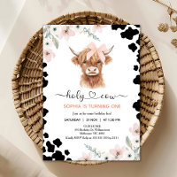 Floral Pink Black Highland Cow Holy Cow Birthday