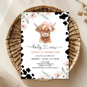 Floral Pink Black Highland Cow Holy Cow Birthday Invitation