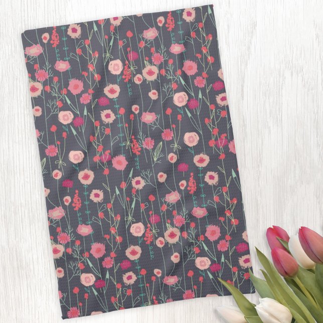 Floral Pink Black Pattern Kitchen Towel (Boho floral pink and charcoal gray kitchen towel)