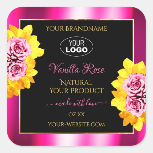 Floral Pink Black Product Labels Gold Frame Logo