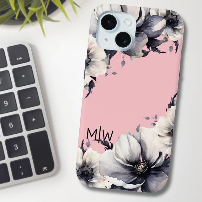 Floral Pink Black White Monogram Case-Mate iPhone Case (Elegant Modern Floral Pink Black White Monogram Case-Mate iPhone Case)