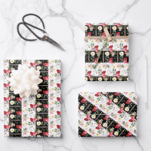 Floral Pink black & white Stripes vintage pattern Wrapping Paper Sheets