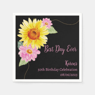 Floral Pink Black Yellow Monogram Birthday Napkins